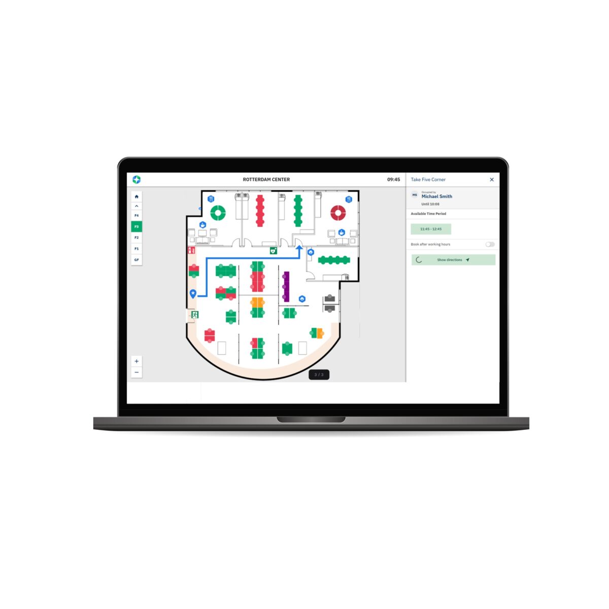 Interactive GoBright Mapping screen showing a highlighted route to a booked meeting room