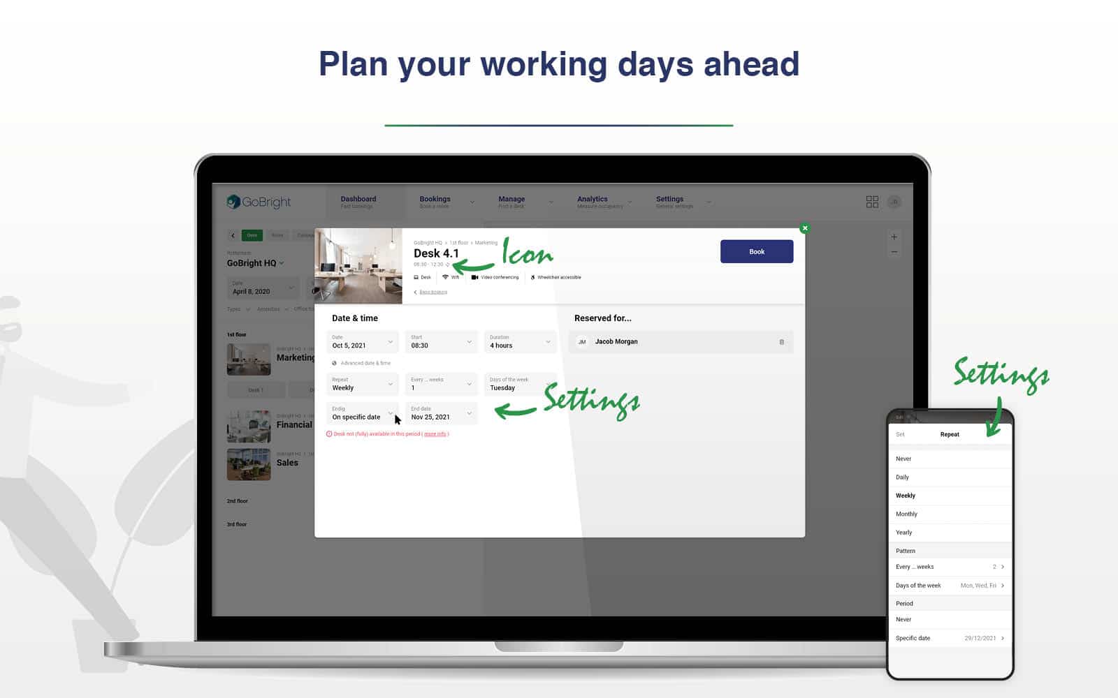 GoBright Récurrent Réservation de bureaux- planifier les journées de travail à l'avance