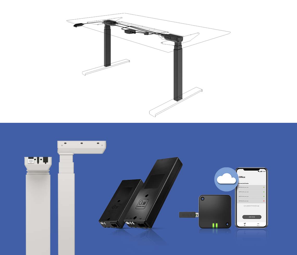 Illustration of height-adjustable desk with desk tracking system
