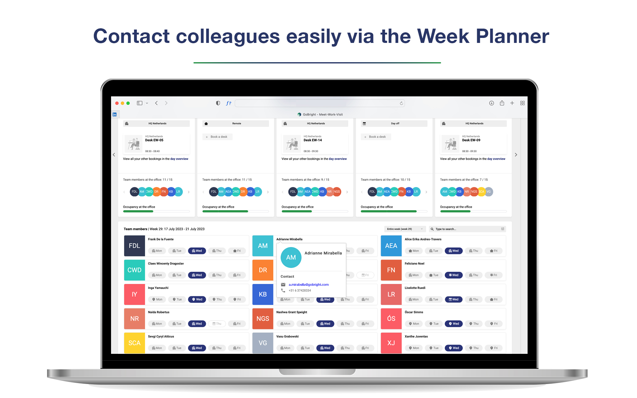 GoBright Week Planner - how to contact colleagues directly