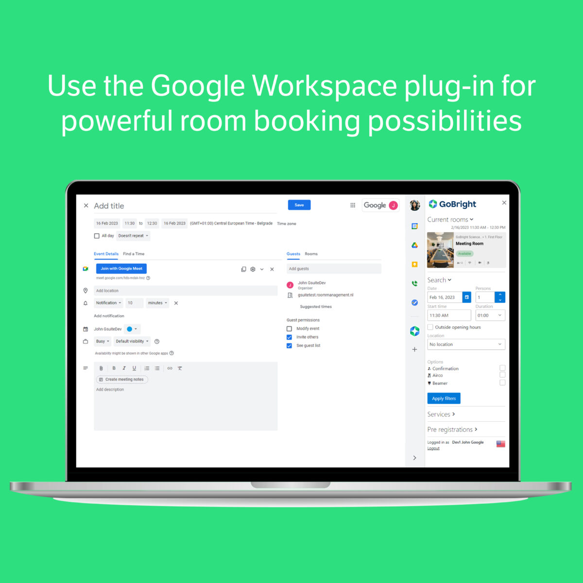 GoBright - Integrations - Google Workspace - plug-in and integration - Room Booking