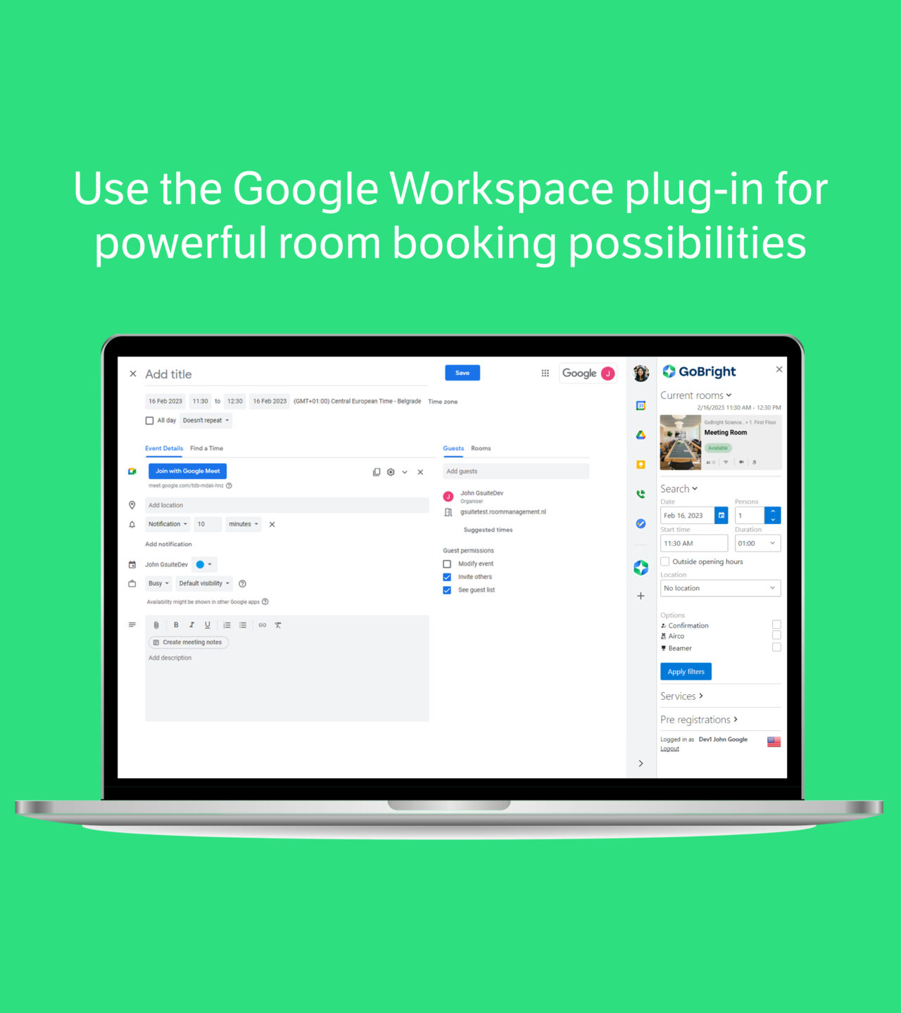 GoBright - Integrations - Google Workspace - plug-in and integration - Room Booking