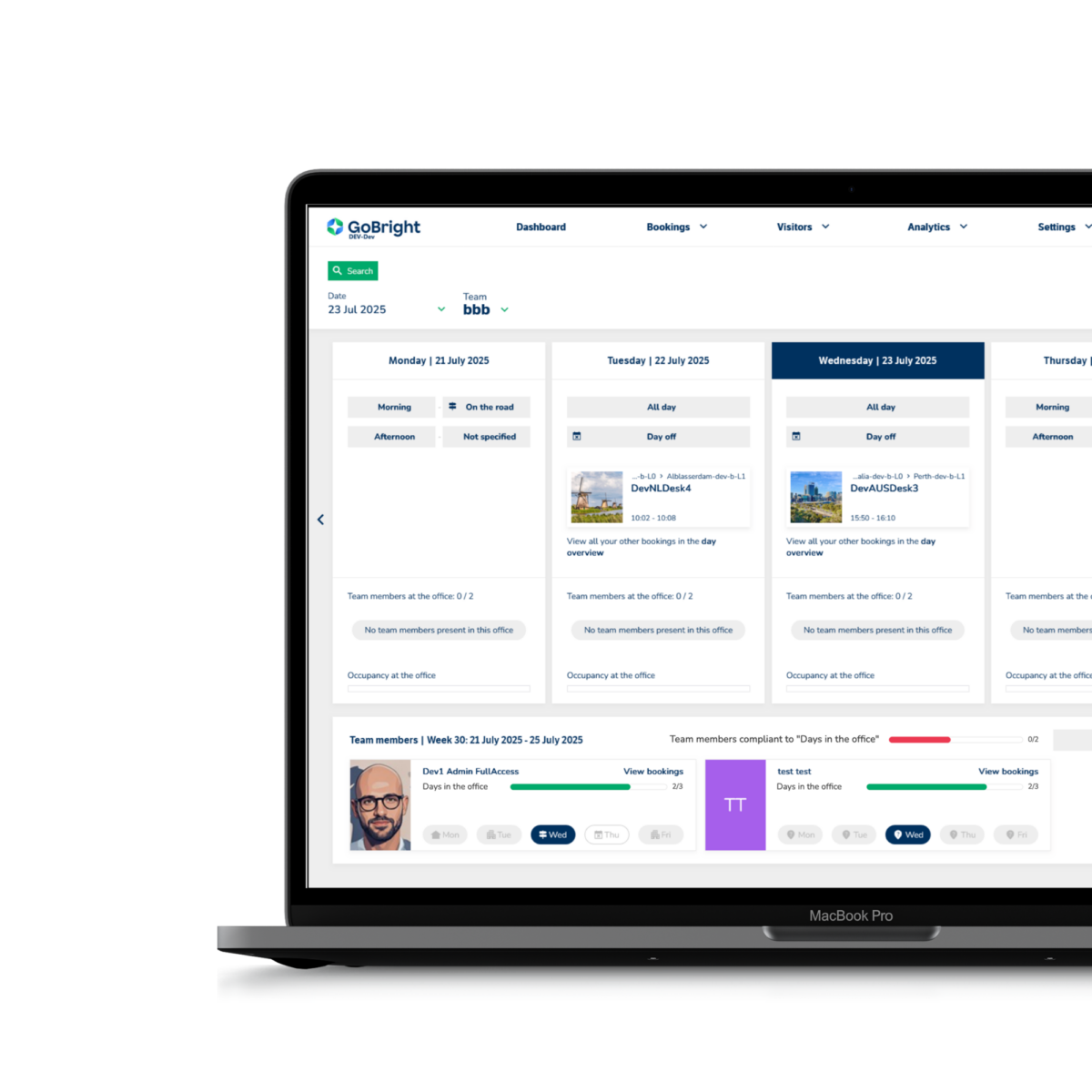  GoBright Week Planner mock-up on laptop showing weekly office day targets and attendance progress.