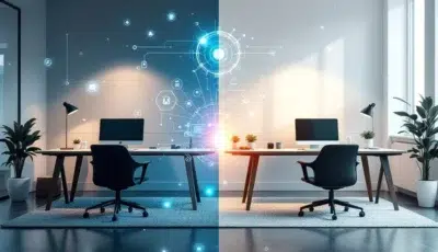Split-screen modern office and home workspace connected by digital interface icons, showing seamless hybrid work integration.