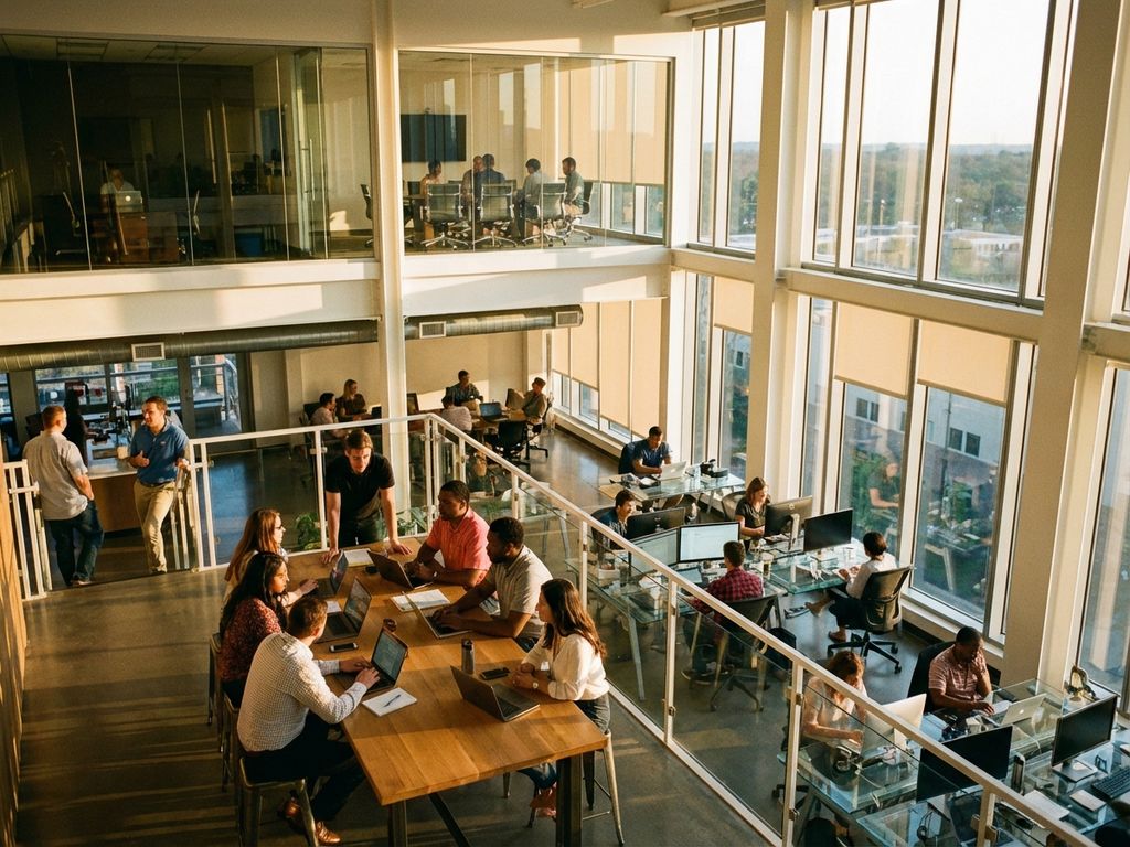 Employees collaborating in modern open-plan office with glass conference rooms and natural light from large windows.