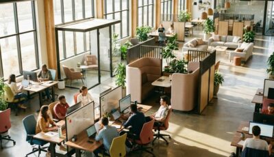 Modern open kantoor met diverse werkplekken, samenwerkingsruimtes en medewerkers die werken in een ruimte met natuurlijke lichtinval en planten.