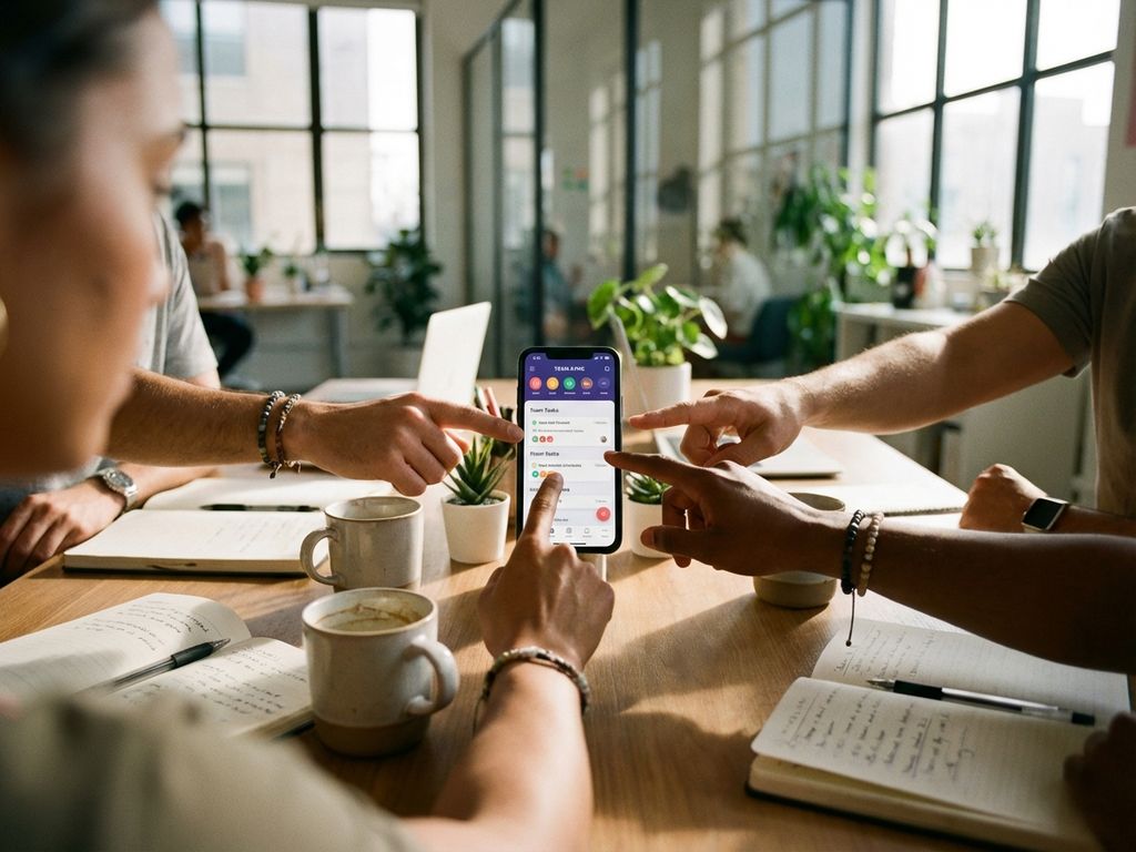 Smartphone displaying team collaboration app on office desk with diverse hands interacting, surrounded by coffee and notebooks