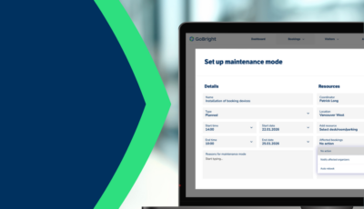 GoBright Maintenance Mode feature thumbnail showing a meeting room panel displaying an out-of-service status