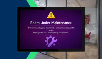 GoBright Maintenance Mode feature thumbnail showing a meeting room panel displaying an out-of-service status