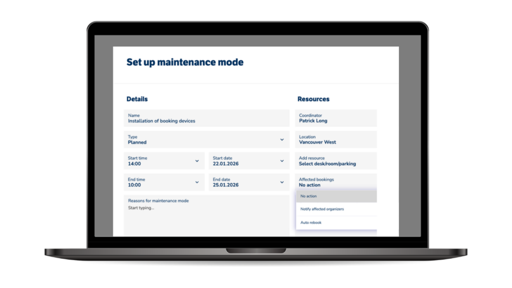 GoBright platform screenshot showing the Maintenance Mode settings screen where an admin configures a room, desk or parking space as unavailable.
