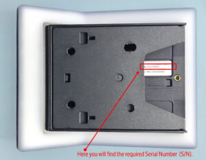 Illustration showing where to find the Interact serial number (S/N).