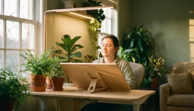 Person at modern adjustable desk with LED lighting, surrounded by green plants in sunlit workspace with warm golden hour ambiance