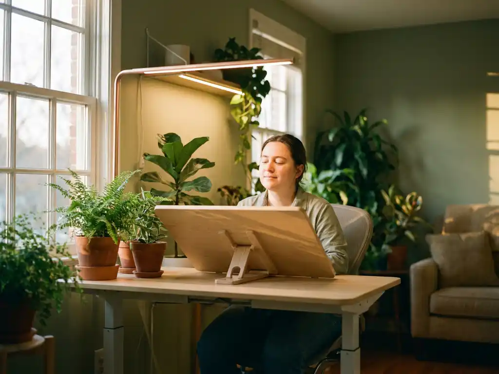 Person at modern adjustable desk with LED lighting, surrounded by green plants in sunlit workspace with warm golden hour ambiance