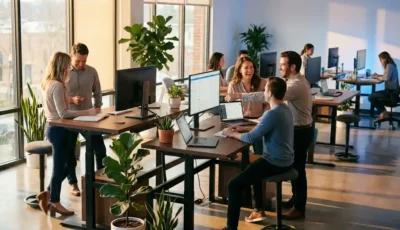 Modern adjustable-height desks in open office with colleagues collaborating, natural light streaming through windows onto concrete floors with green plants