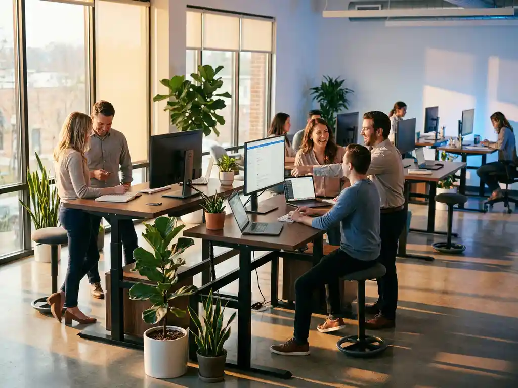 Modern adjustable-height desks in open office with colleagues collaborating, natural light streaming through windows onto concrete floors with green plants