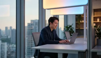 Office worker at white desk with adjustable LED lighting transitioning from cool blue to warm amber in modern workspace