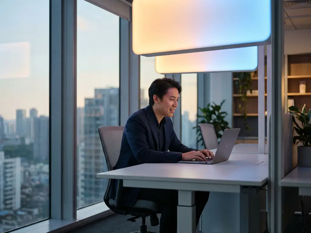 Office worker at white desk with adjustable LED lighting transitioning from cool blue to warm amber in modern workspace