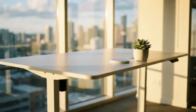 Modern adjustable standing desk with wireless charger and succulent plant in sunlit office with floor-to-ceiling windows