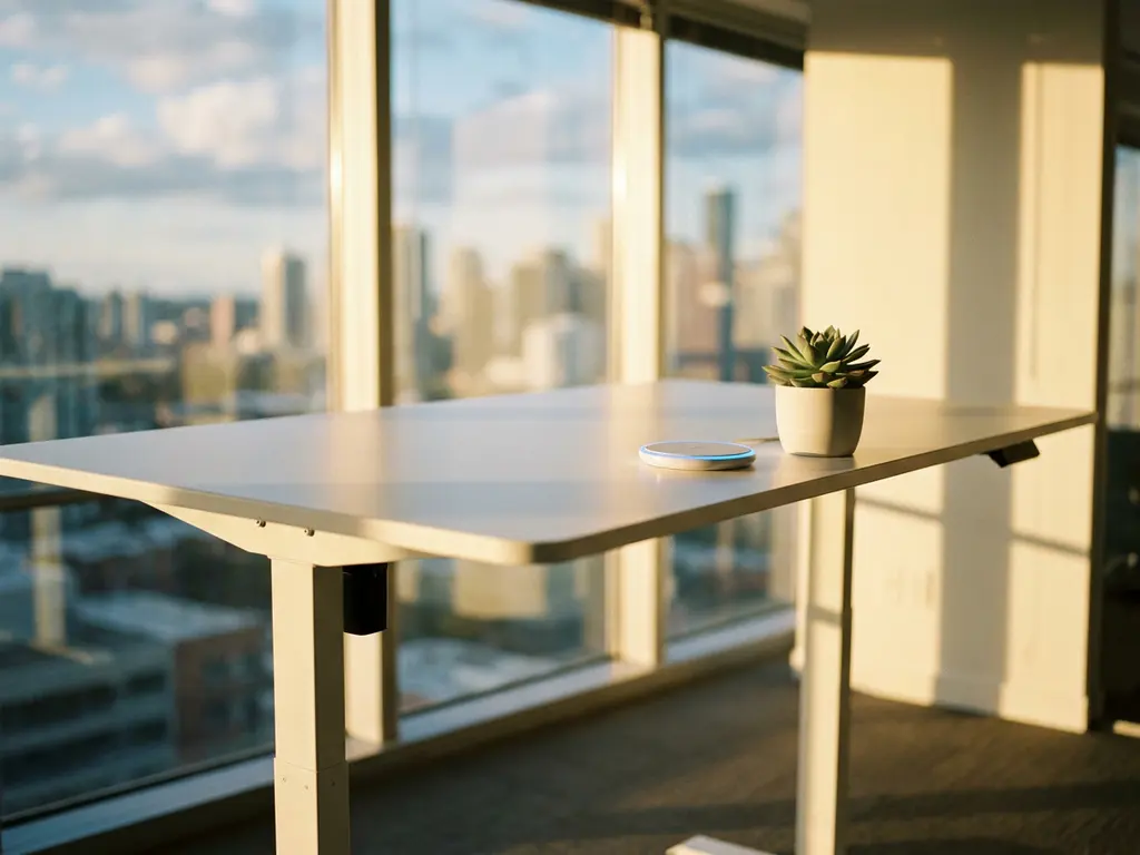 Modern adjustable standing desk with wireless charger and succulent plant in sunlit office with floor-to-ceiling windows