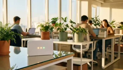 Hvid luftkvalitetsmåler med LED-indikatorer på et glasbord i et lyst kontor med medarbejdere, planter og naturligt sollys