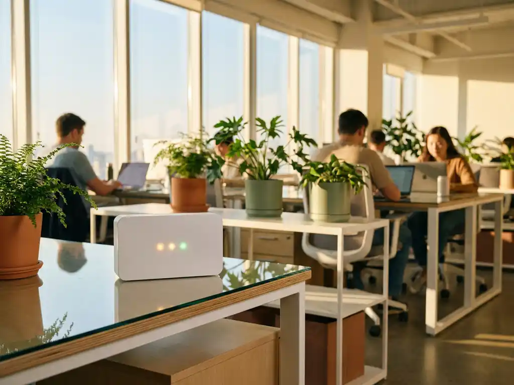 Hvid luftkvalitetsmåler med LED-indikatorer på et glasbord i et lyst kontor med medarbejdere, planter og naturligt sollys