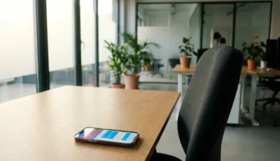 Smartphone with colorful desk booking app interface on modern wooden office desk beside ergonomic chair in bright workspace