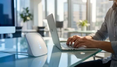 Hvid skrivebordssensor med blå LED-indikatorer på et kontorbord af glas, der overvåger medarbejdernes kropsholdning, mens de arbejder på en bærbar computer
