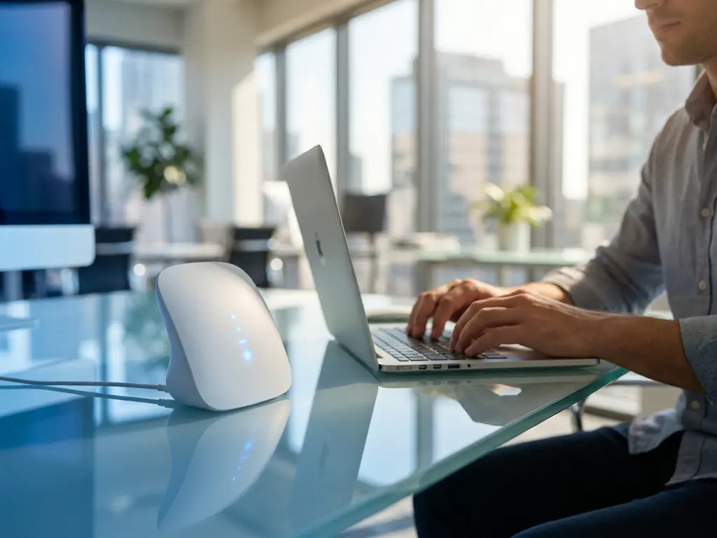 Hvid skrivebordssensor med blå LED-indikatorer på et kontorbord af glas, der overvåger medarbejdernes kropsholdning, mens de arbejder på en bærbar computer