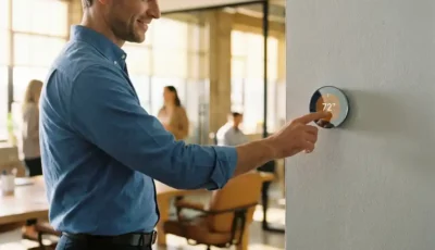 Employee adjusting digital thermostat on modern office wall with LED display, contemporary workspace and golden hour lighting