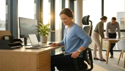 Smiling office worker adjusting ergonomic desk chair at modern workstation with natural light and colleagues in background