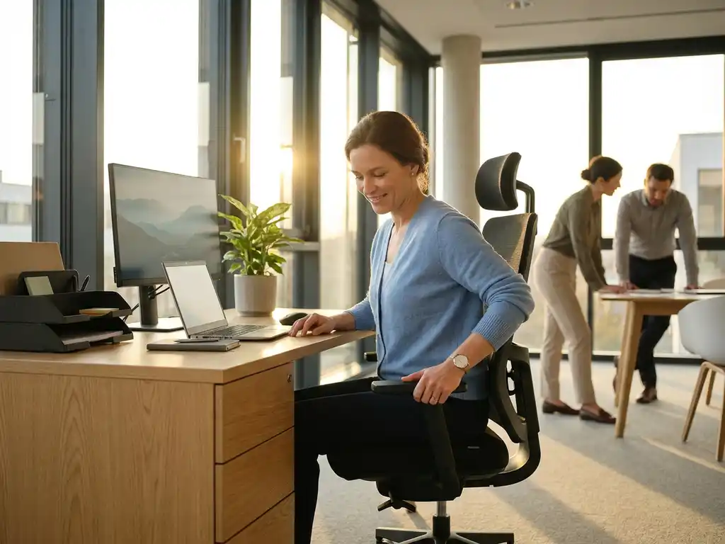Smiling office worker adjusting ergonomic desk chair at modern workstation with natural light and colleagues in background