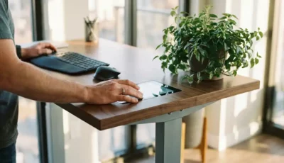 Hands adjusting smart touchscreen panel on ergonomic standing desk with green plant and natural sunlight streaming through windows