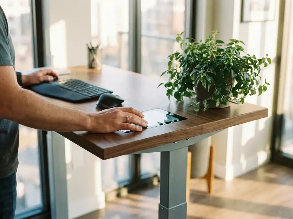 Hands adjusting smart touchscreen panel on ergonomic standing desk with green plant and natural sunlight streaming through windows