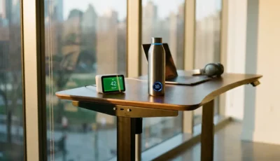 Modern office desk with ergonomic standing mechanism, air quality monitor showing green readings, and smart hydration bottle in natural sunlight