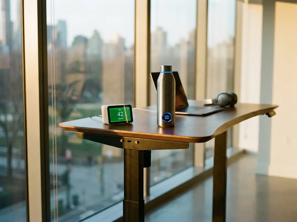 Modern office desk with ergonomic standing mechanism, air quality monitor showing green readings, and smart hydration bottle in natural sunlight