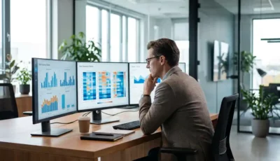 Ein Facility Manager analysiert Daten zur Schreibtischbelegung auf mehreren Monitoren, auf denen farbenfrohe Datenvisualisierungen zu sehen sind, in einem modernen Büro mit Glastrennwänden und Pflanzen