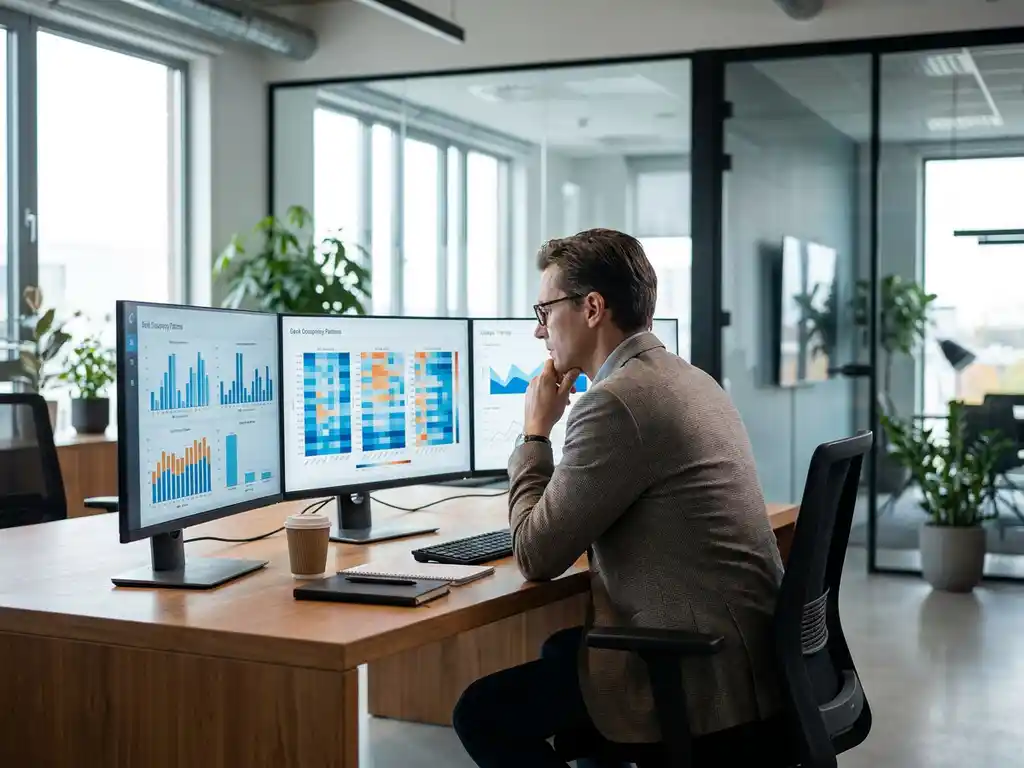 Ein Facility Manager analysiert Daten zur Schreibtischbelegung auf mehreren Monitoren, auf denen farbenfrohe Datenvisualisierungen zu sehen sind, in einem modernen Büro mit Glastrennwänden und Pflanzen