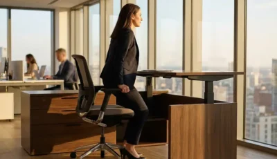 Professional woman transitioning from sitting to standing at height-adjustable smart desk in modern office with natural lighting and ergonomic design.