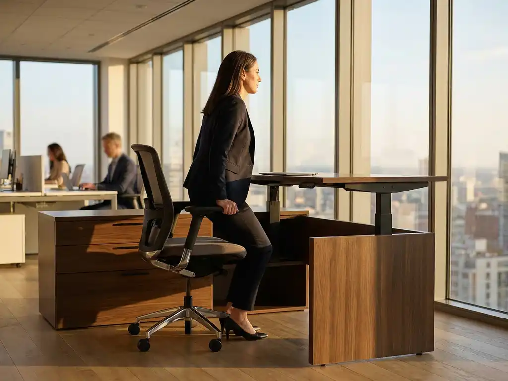 Professional woman transitioning from sitting to standing at height-adjustable smart desk in modern office with natural lighting and ergonomic design.