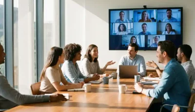Diverse team collaborating around modern wood conference table with colleagues joining via wall-mounted screen, natural sunlight streaming through windows