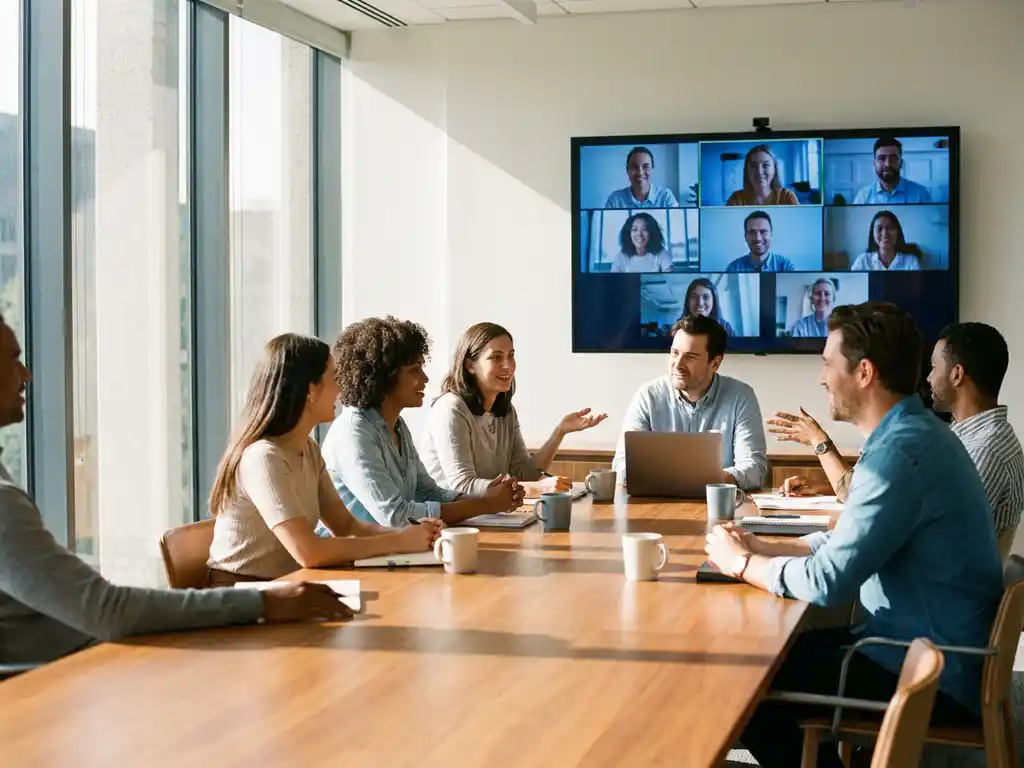 Diverse team collaborating around modern wood conference table with colleagues joining via wall-mounted screen, natural sunlight streaming through windows