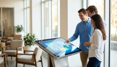 Employees gather around touchscreen kiosk displaying interactive office floor plan in modern lobby with natural light and contemporary furniture