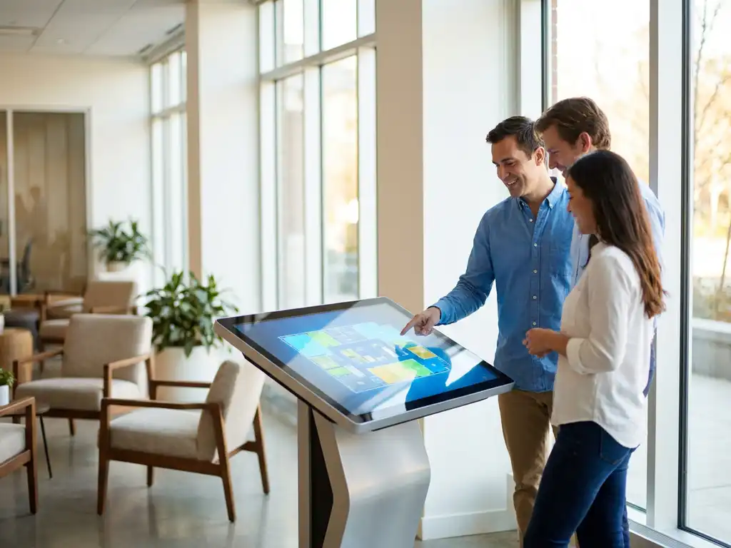 Employees gather around touchscreen kiosk displaying interactive office floor plan in modern lobby with natural light and contemporary furniture