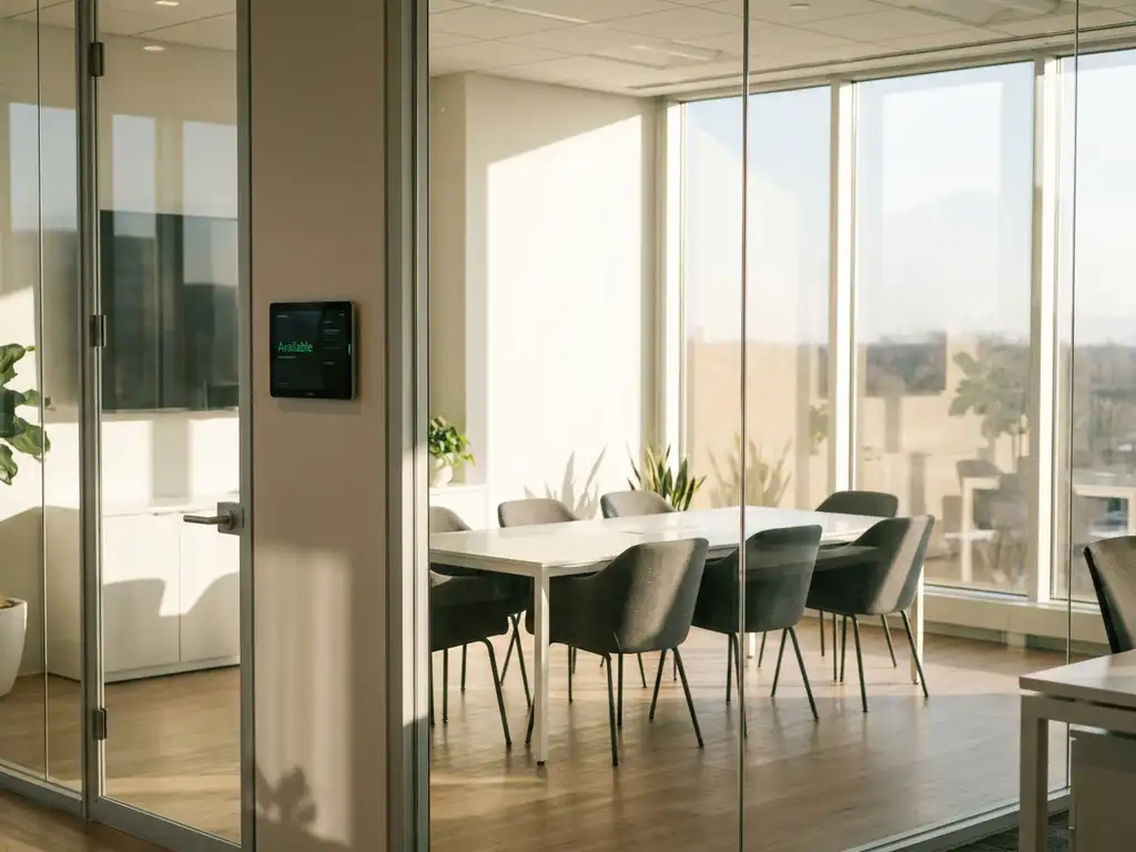 Modern glass-walled conference room with touchscreen showing green 