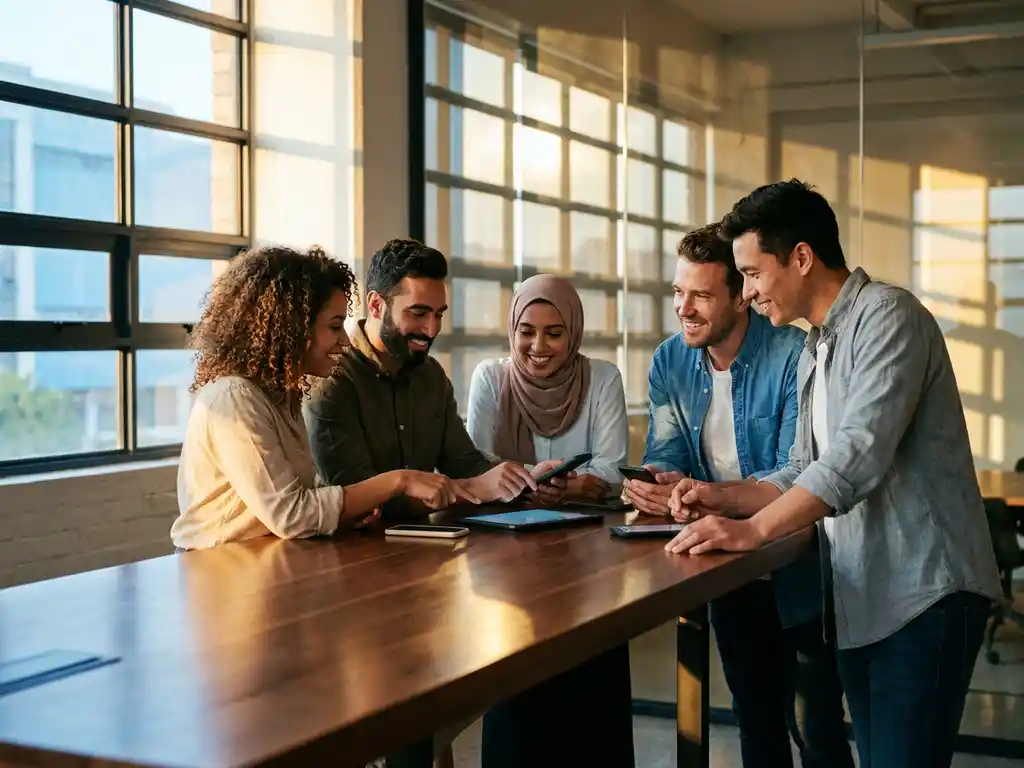 Diverse colleagues collaborating around standing desk in modern office with smartphones and tablets, natural sunlight streaming through windows.