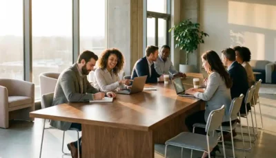 Diverse professionals collaborating at walnut communal table in modern office with floor-to-ceiling windows and warm natural lighting