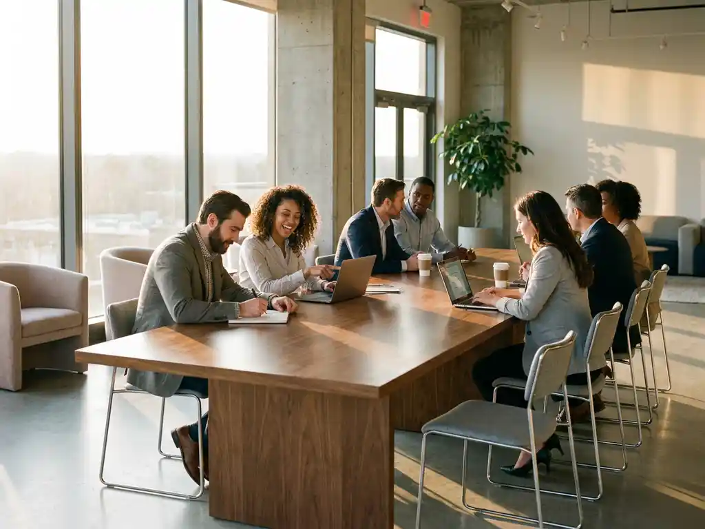 Diverse professionals collaborating at walnut communal table in modern office with floor-to-ceiling windows and warm natural lighting