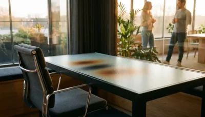 Modern office desk with data visualization heat-map pattern etched in glass surface, ergonomic chair, colleagues collaborating in background with natural lighting