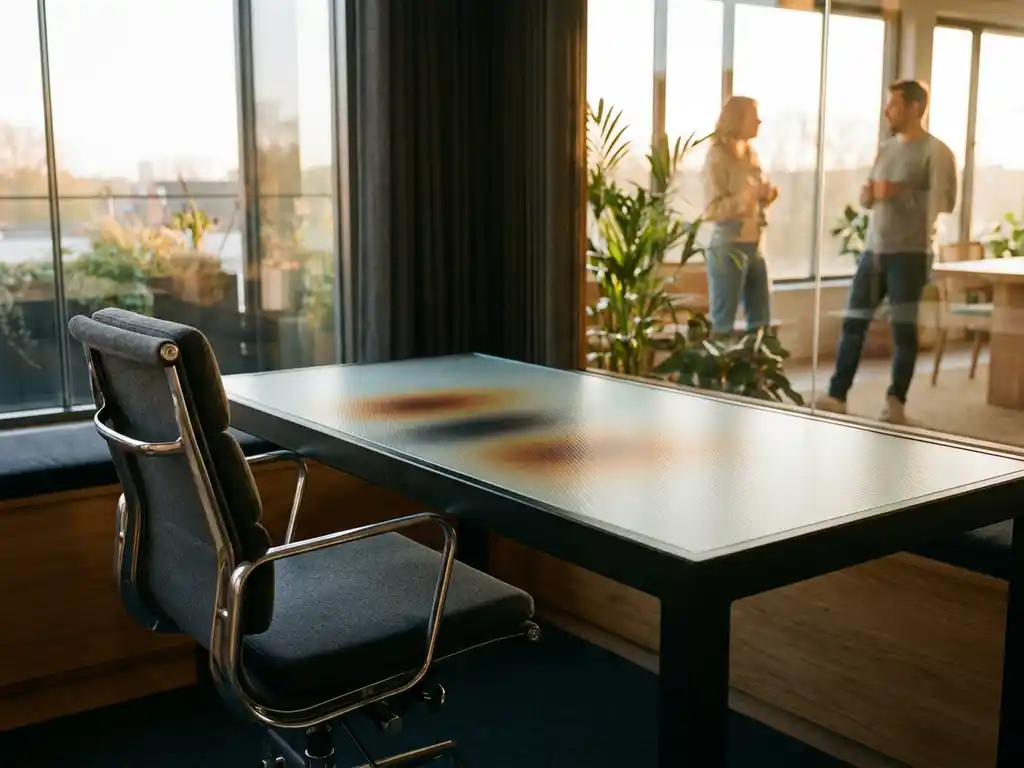 Modern office desk with data visualization heat-map pattern etched in glass surface, ergonomic chair, colleagues collaborating in background with natural lighting