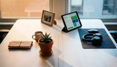 Modern office desk with succulent plant and coffee mug on left, tablet displaying room booking interface and headphones on right